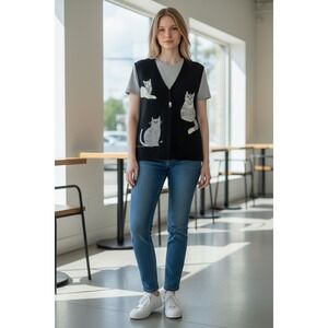 Coldwater Creek Black 100% Wool Cat Embroidered Full Zip Sweater Vest Size Large